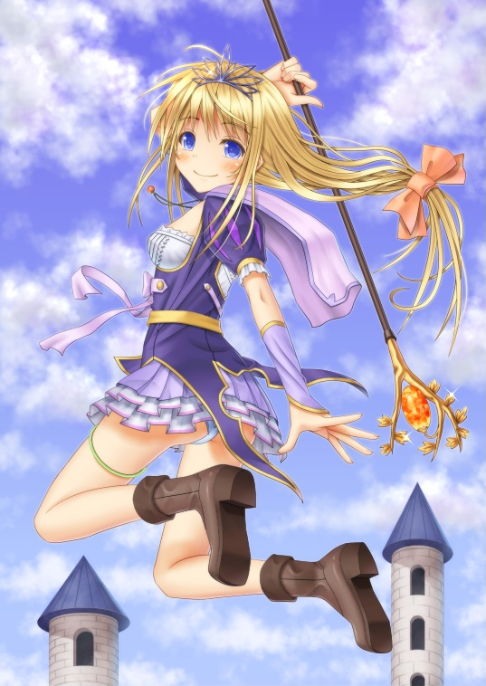 arm_up bad_id bad_pixiv_id blonde_hair blue_eyes blush boots cloud day holding legs_up long_hair original outstretched_arm panties skirt sky smile solo staff takeru_(at_will) tiara underwear white_panties