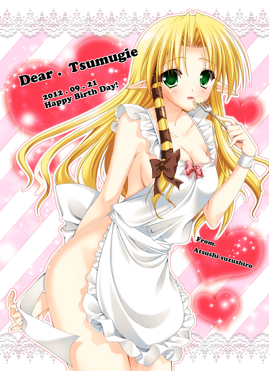 2012 :d apron blonde_hair blush breasts dated fork green_eyes happy_birthday heart highres holding holding_fork kareha long_hair looking_at_viewer medium_breasts naked_apron open_mouth pointy_ears shuffle! smile solo suzushiro_atsushi