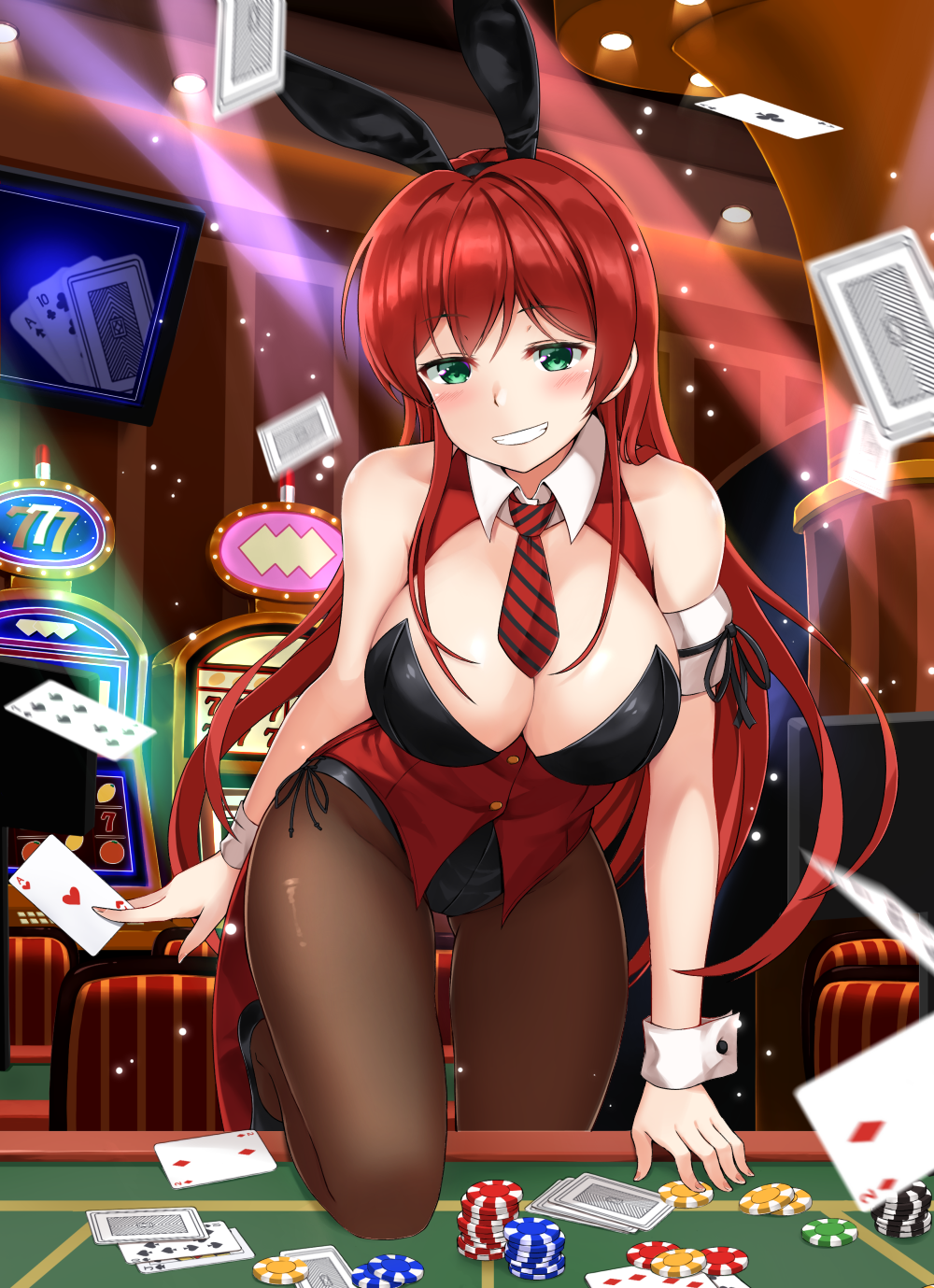 animal_ears armband ass_visible_through_thighs bangs bare_shoulders black_footwear black_hairband black_leotard blush breasts brown_legwear bunny_ears bunny_girl bunnysuit card casino chair cleavage crotch_seam detached_collar eyebrows_visible_through_hair fake_animal_ears green_eyes grin hairband highres indoors large_breasts leotard long_hair looking_at_viewer maemi_(maemi12) necktie one_knee original pantyhose poker_chip red_hair red_neckwear red_vest roulette_table shoes slot_machine smile solo strapless strapless_leotard thighs very_long_hair vest wrist_cuffs