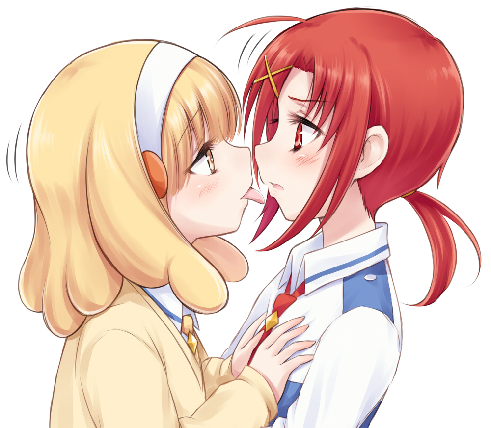 blonde_hair blush commentary_request from_side hairband hands_on_another's_chest hino_akane_(smile_precure!) kise_yayoi multiple_girls nanairogaoka_middle_school_uniform necktie ponytail precure red_eyes red_hair school_uniform simple_background smile_precure! suzushiro_yukari tongue tongue_out white_background white_hairband yellow_eyes yuri