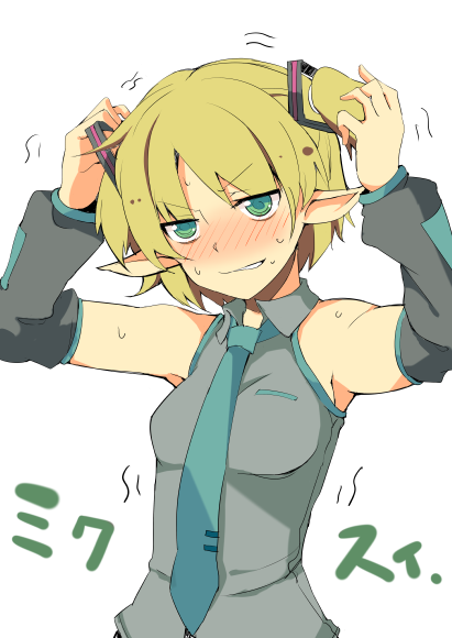 alternate_hair_length alternate_hairstyle armpits arms_up bare_shoulders blonde_hair blush cosplay detached_sleeves green_eyes hair_ornament hasebe_yuusaku hatsune_miku hatsune_miku_(cosplay) mizuhashi_parsee necktie pointy_ears shirt short_hair solo sweat touhou trembling twintails vocaloid