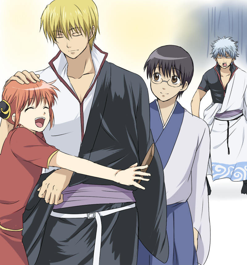 3boys black_hair blonde_hair brown_eyes bun_cover chinese_clothes double_bun gintama glasses hadanugi_dousa hug japanese_clothes kagura_(gintama) kimono long_sleeves maruki_(punchiki) multiple_boys orange_hair sakata_gintoki sakata_kintoki sakata_kintoki_(gintama) shaded_face shimura_shinpachi short_sleeves silver_hair