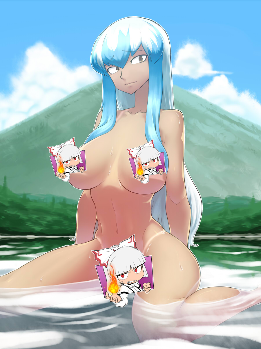 blue_hair breasts brown_eyes censored character_censor chibi collarbone fujiwara_no_mokou highres kamishirasawa_keine large_breasts long_hair multicolored_hair navel nipple_censor novelty_censor nude partially_submerged silver_hair smile solo space_jin tan tanline touhou two-tone_hair water