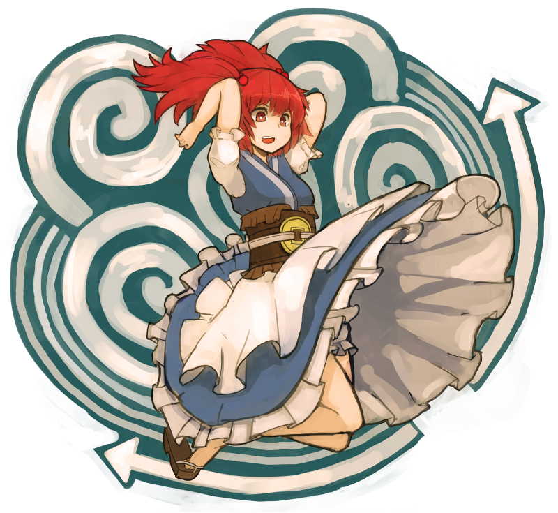 arms_up bad_id bad_pixiv_id dress frills gatakigi_gama hair_bobbles hair_ornament onozuka_komachi open_mouth red_eyes red_hair short_hair short_sleeves solo touhou two_side_up