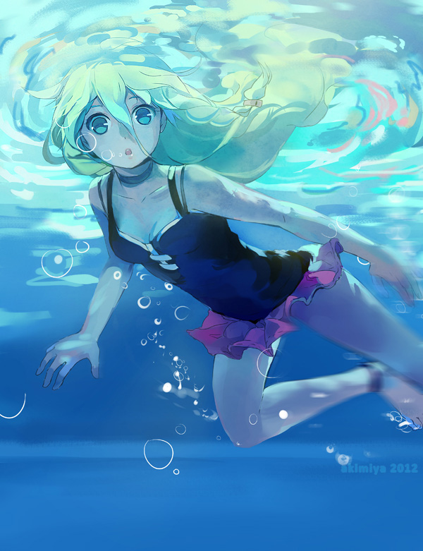 :o anklet barefoot blonde_hair bubble freediving green_eyes ia_(vocaloid) jewelry long_hair motion_blur piano_(agneschen) reflection skirt solo swimming underwater vocaloid