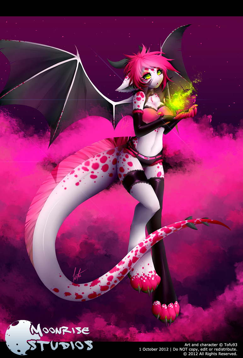 breasts clothed clothing dragon female green_eyes hair horn magic pink_hair pink_theme scalie skimpy solo tofu93 wings