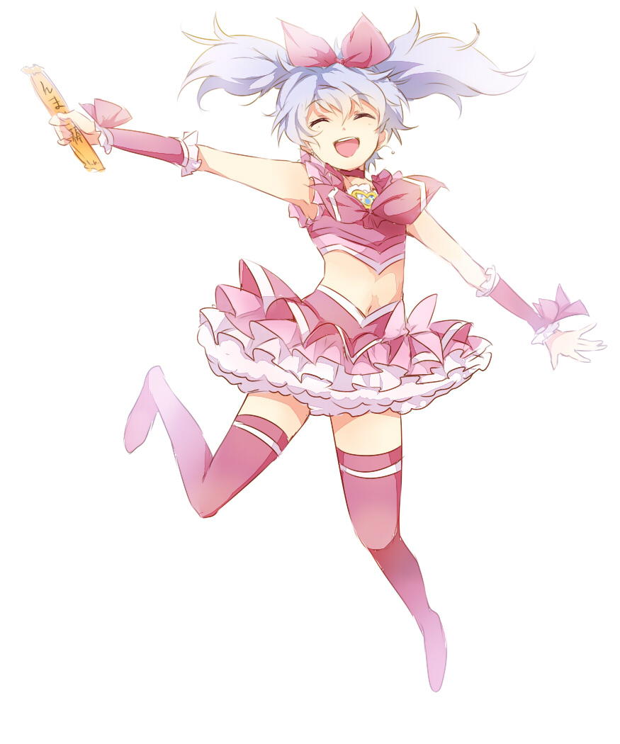 bow choker cosplay cure_melody cure_melody_(cosplay) frilled_skirt frills genderswap genderswap_(mtf) gintama hair_bow magical_girl maruki_(punchiki) midriff pink_choker pink_legwear precure sakata_gintoki short_twintails silver_hair skirt solo suite_precure thighhighs twintails