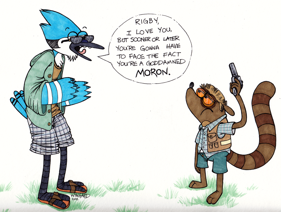 bird blue_jay english_text eyewear male mammal mordecai raccoon regular_show rigby sunglasses text wyngaed