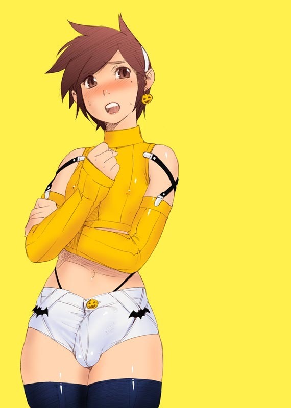 bad_source bat blush brown_hair bulge detached_sleeves earrings hairband jack-o'-lantern jack-o'-lantern_earrings jewelry male_focus midriff navel open_mouth original po-ju short_shorts shorts simple_background solo thighhighs yellow_background