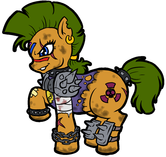 alpha_channel armor bandage bite_mark blood_stain blue_eyes bracelet chain clothing crossover cutie_mark demien dirty ear_piercing eyelashes face_paint female feral fur green_hair grin hair jewelry mad_max_2_the_road_warrior mohawk my_little_pony not_a_fallout_reference original_character pauldron piercing plain_background radiation_symbol raider scar skull solo spiked_anklet spikes tail_band torn_clothing transparent_background wez_(mlp) yellow_fur