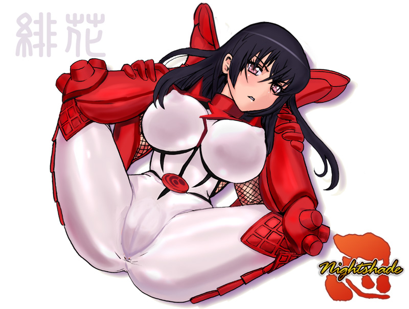 armor black_hair blush bodysuit boots breasts cameltoe contortion covered_nipples faulds fishnets flexible folded gloves hibana kunoichi_(game) large_breasts legs_over_head long_hair ninja pink_eyes pretzel_pose skin_tight solo spandex white_bodysuit zero_hime
