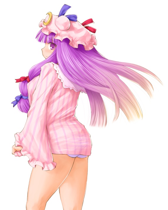 ass babydoll blush breasts crescent hat kasuga_yukihito large_breasts long_hair nightgown panties patchouli_knowledge purple_eyes purple_hair revision see-through solo striped striped_panties touhou underwear