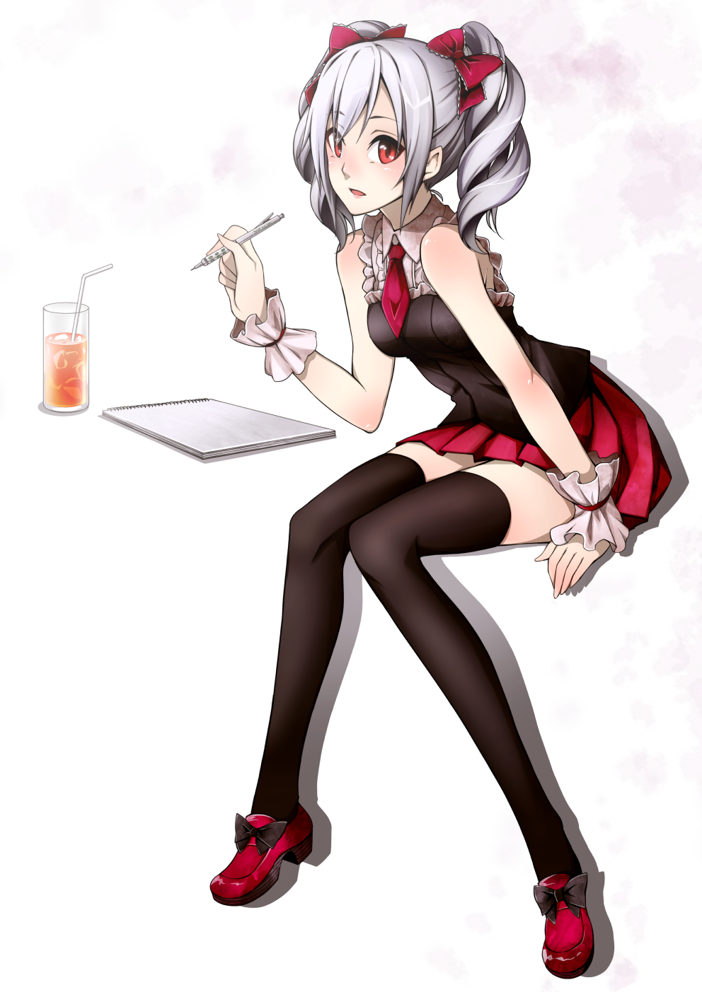 bad_id bad_pixiv_id bare_shoulders blush bow breasts cup drill_hair drinking_straw hair_bow highres idolmaster idolmaster_cinderella_girls juice kanzaki_ranko long_hair medium_breasts ohara_hiroki open_mouth pencil red_eyes silver_hair sitting sketchbook skirt sleeveless smile solo thighhighs twin_drills twintails wrist_cuffs