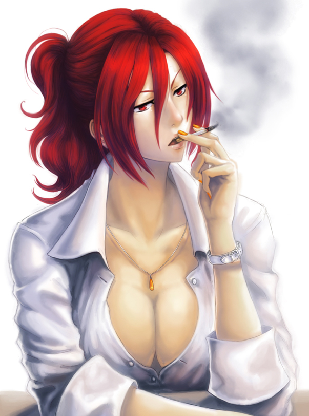 aozaki_touko artist_request breasts cigarette cleavage jewelry kara_no_kyoukai large_breasts lips long_hair nail_polish necklace nose ponytail red_eyes red_hair shirt short_hair sleeves_rolled_up smoke smoking solo unbuttoned watch wristwatch