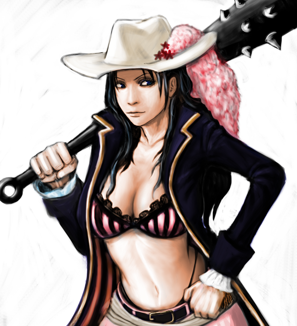 alvida belt blue_eyes blue_hair bra breasts cleavage club cowboy_hat hat hat_ornament jimno kanabou large_breasts long_hair one_piece pirate_costume solo spiked_club striped striped_bra underwear weapon