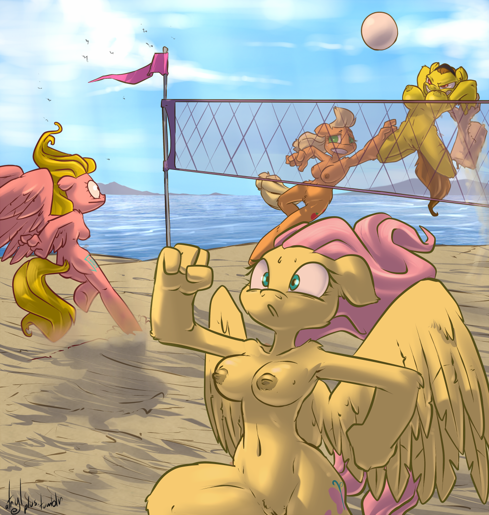 angry anthro anthrofied applejack_(mlp) areola atryl atrylplus avian ball beach beach_ball bird breasts cloud cutie_mark equine female flag fluttershy_(mlp) friendship_is_magic hammer hooves horse jumping mad mammal my_little_pony net nipples nude pegasus pony pussy running sand sea seaside shocked sky volleyball water wings