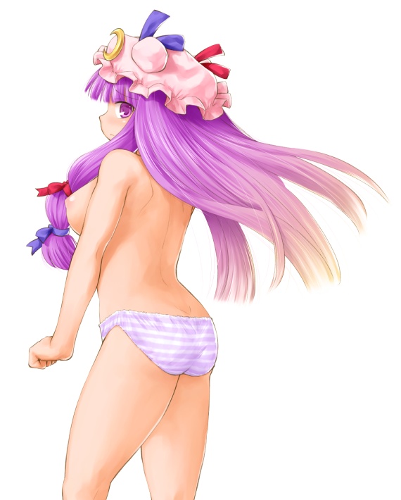 ass bow breasts crescent hair_bow hat kasuga_yukihito large_breasts long_hair nipples panties patchouli_knowledge purple_eyes purple_hair revision solo striped striped_panties topless touhou underwear white_background