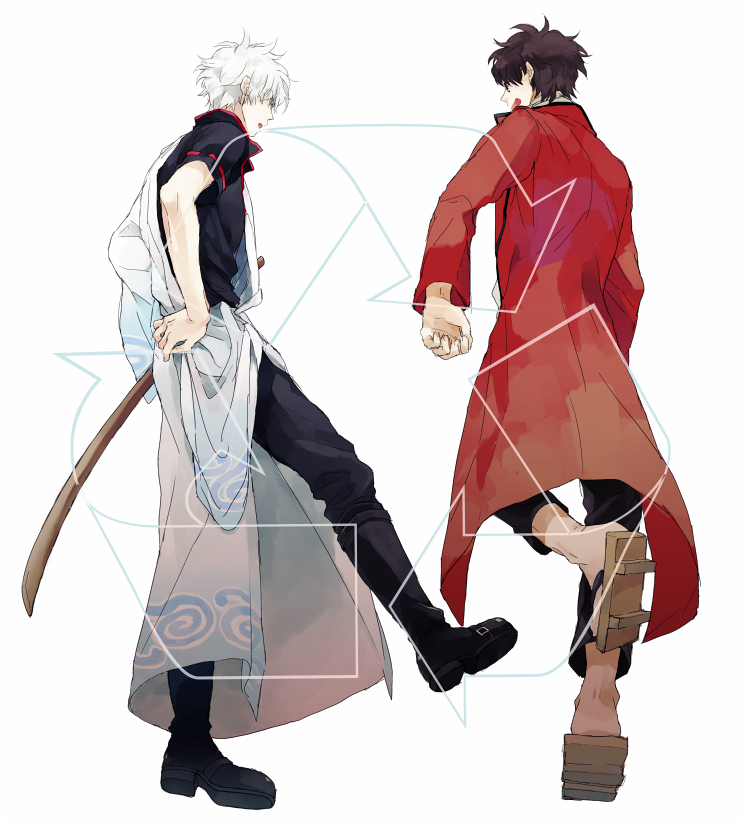 bokken brown_hair geta gintama hadanugi_dousa japanese_clothes kicking kimono long_sleeves male_focus multiple_boys recycling_symbol sakamoto_tatsuma sakata_gintoki short_sleeves silver_hair sword urahara weapon white_hair wooden_sword