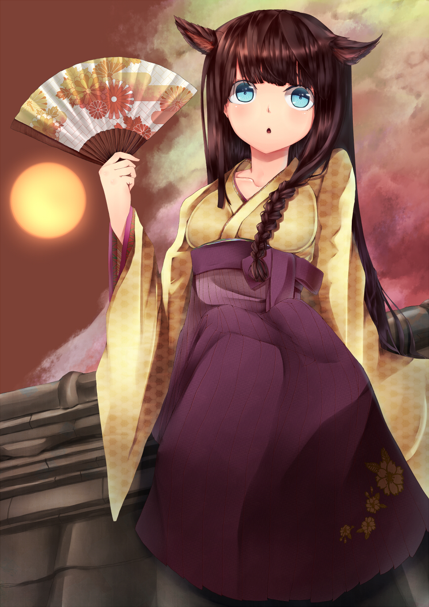 animal_ears arm_support blue_eyes braid brown_hair cat_ears collarbone fan full_moon highres japanese_clothes kimono long_hair long_sleeves moon obi open_mouth opta original red_sky rooftop sash sitting sky solo
