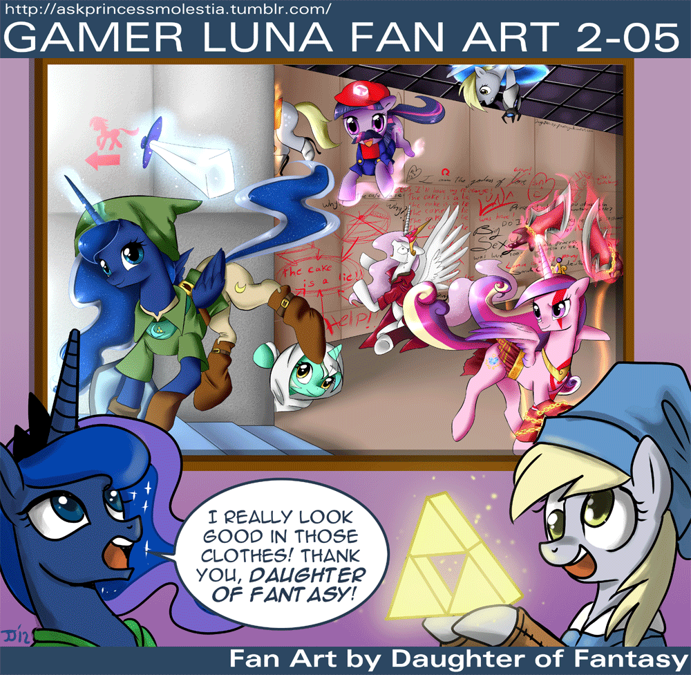 crossover crown cutie_mark daughter-of-fantasy daughter_of_fantasy derpy_hooves_(mlp) dialog dialogue english_text equine female feral friendship_is_magic god_of_war group hair horn horse john_joseco kratos link lyra_(mlp) lyra_heartstrings_(mlp) mammal mario mario_bros my_little_pony nintendo pegasus pony portal_(series) princess princess_cadance_(mlp) princess_cadence_(mlp) princess_celestia_(mlp) princess_luna_(mlp) royalty smile sword text the_legend_of_zelda tiara triforce twilight_sparkle_(mlp) unicorn valve video_games weapon winged_unicorn wings