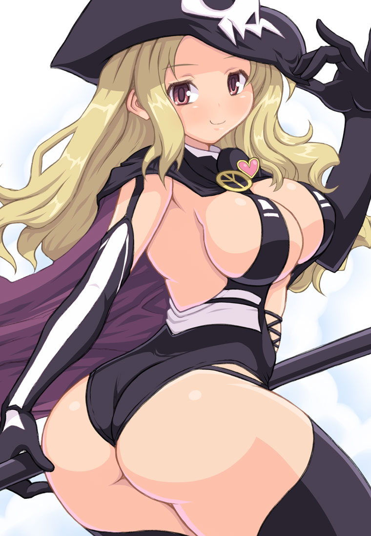 arm_up ass black_legwear blonde_hair blush breasts cape cleavage detached_sleeves elbow_gloves from_behind gloves hands_on_headwear hat heart kihaiu large_breasts long_hair looking_at_viewer looking_back pirate_hat red_eyes senran_kagura senran_kagura_shinovi_versus shiki_(senran_kagura) simple_background skull smile solo thighhighs wedgie