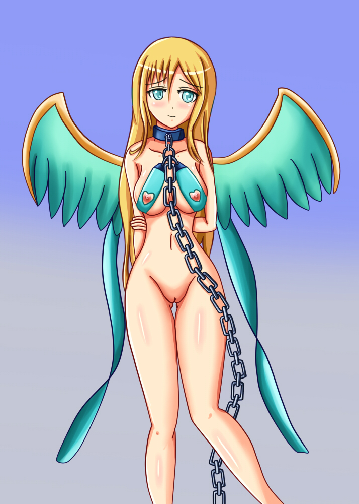 1girl angel aqua_eyes aveve bdsm blonde_hair blush bondage bottomless bound breasts collar erect_nipples leash looking_at_viewer nippleless_clothes nipples pussy smile solo uncensored wings