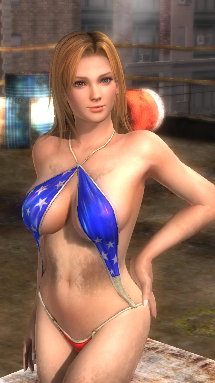 1girl 3d american_flag_bikini bikini blonde_hair breasts dead_or_alive dead_or_alive_5 dirt flag_print highres large_breasts smile solo swimsuit tecmo tina_armstrong