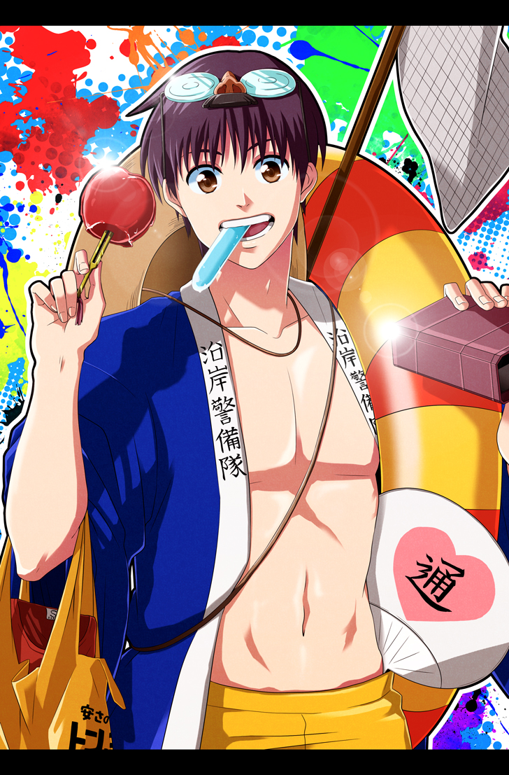 bad_id bad_pixiv_id black_hair brown_eyes candy_apple food funny_glasses gintama glasses jacket japanese_clothes male_focus mouth_hold shimura_shinpachi solo ss10-b