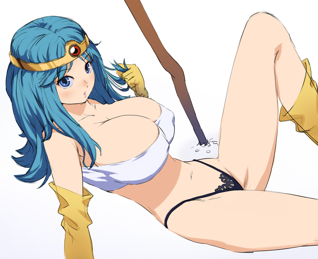 aqua_hair bandeau black_panties blue_eyes boots breasts circlet cleavage covered_nipples cozy dragon_quest dragon_quest_iii g-string gradient gradient_background huge_breasts legs long_hair panties sage_(dq3) solo staff thighs thong underwear
