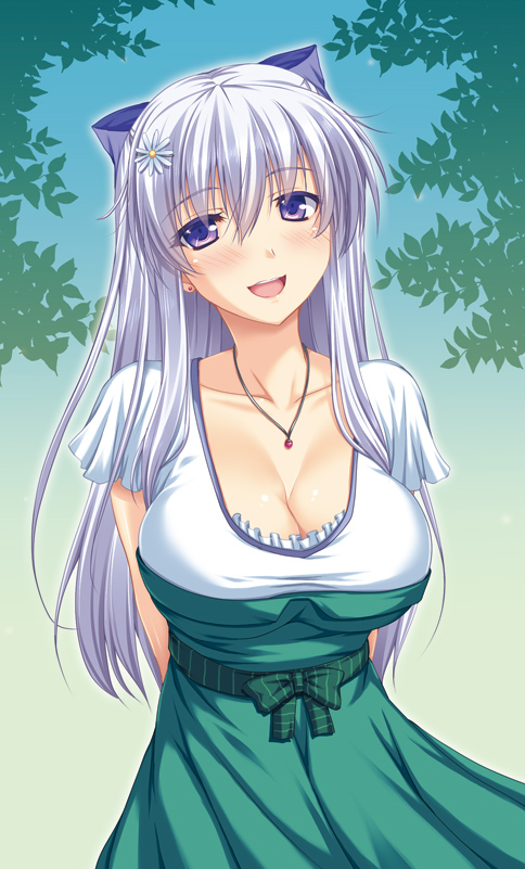 :d arms_behind_back blush breasts cleavage collarbone dress hair_ornament jewelry large_breasts long_hair looking_at_viewer miyai_sen necklace open_mouth original purple_eyes silver_hair smile solo