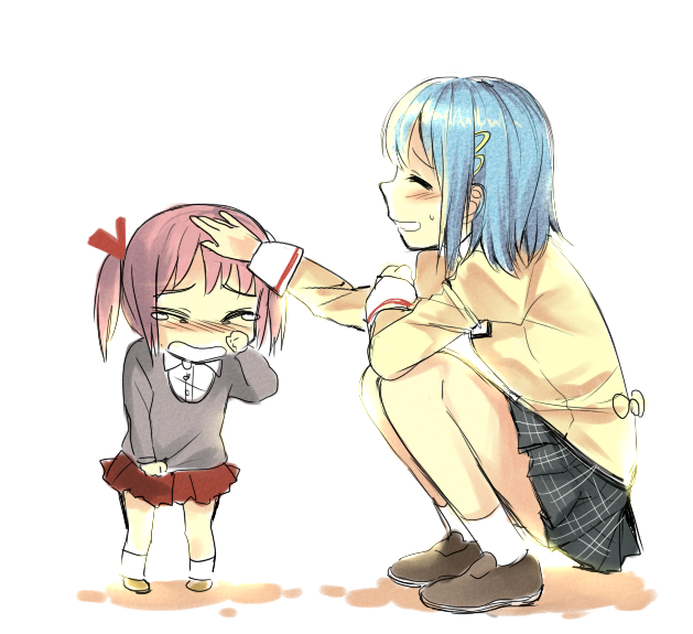 bad_id bad_pixiv_id blue_hair closed_eyes consoling dddoochi1 hair_ornament hair_ribbon hairclip kaname_madoka mahou_shoujo_madoka_magica miki_sayaka multiple_girls petting pink_hair ribbon school_uniform short_hair short_twintails squatting tears time_paradox twintails younger