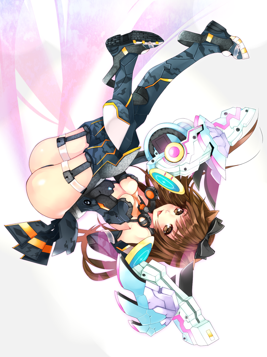 :d animal_ears ass bad_id bad_pixiv_id boots bow brown_eyes brown_hair cat_ears falling garters hair_bow highres looking_at_viewer open_mouth phantasy_star phantasy_star_online_2 ribbon settyaro smile solo thigh_boots thighhighs thousand_rim upside-down upskirt