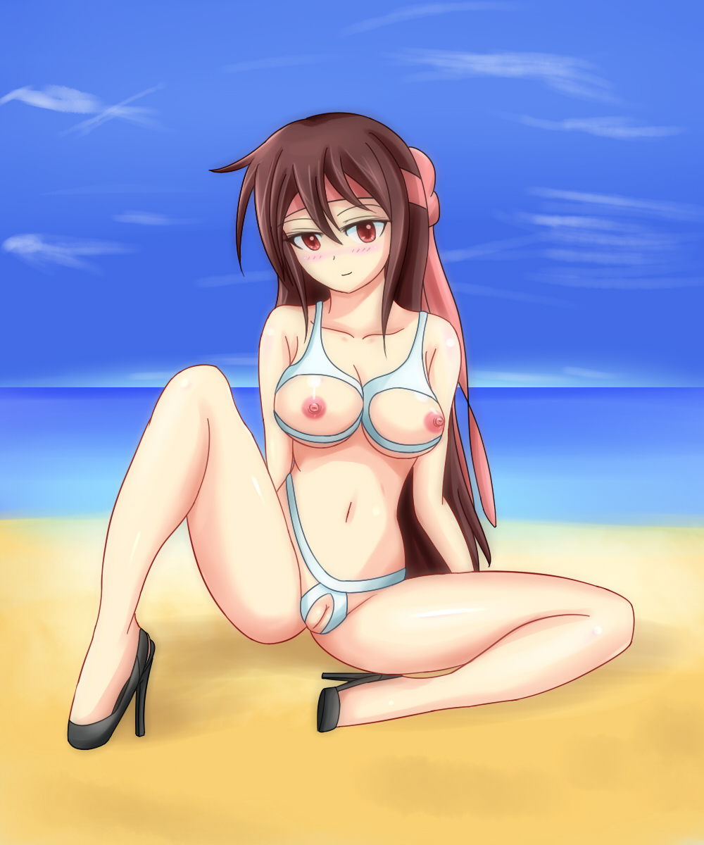 1girl aveve beach bikini blush breastless_clothes breasts brown_eyes brown_hair cameltoe crotchless crotchless_swimsuit high_heels highres long_hair looking_at_viewer nipples pussy shoes sitting smile solo spread_legs swimsuit uncensored water
