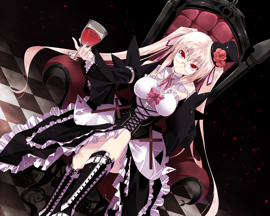 alcohol boots breasts chair cross-laced_footwear crossed_legs cup detached_sleeves dress drinking_glass flower glass glasses hair_ribbon hat lolita_fashion long_hair looking_at_viewer medium_breasts original red_eyes ribbon rose satomi sitting smile solo twintails white_hair wine wine_glass