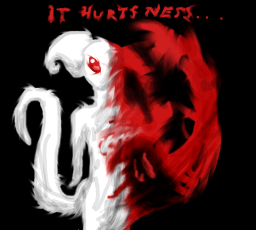 black_background earthbound english_text giegue giygas looking_at_viewer monster mother_(game) nightmare_fuel plain_background red_eyes solo text transformation unknown_artist