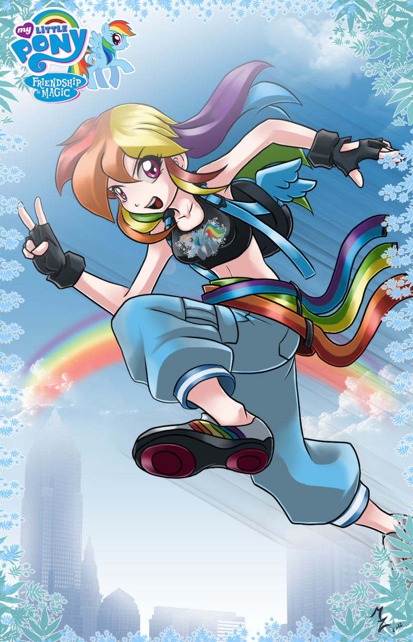 2012 :d backpack bag belt cityscape copyright_name cutie_mark dated fingerless_gloves gloves highres logo long_hair looking_at_viewer mauroz midriff motion_lines multicolored_hair my_little_pony my_little_pony_friendship_is_magic open_mouth personification pink_eyes pony rainbow rainbow_dash rainbow_hair signature smile solo v v-shaped_eyebrows