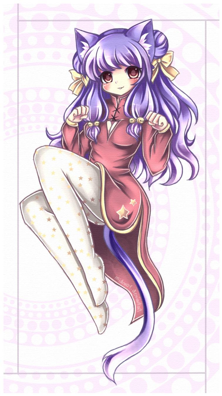 animal_ears breasts cat_ears cat_tail china_dress chinese_clothes double_bun dress full_body highres long_hair md5_mismatch medium_breasts midna01 pantyhose purple_hair ranma_1/2 red_eyes resized shampoo_(ranma_1/2) solo tail upscaled