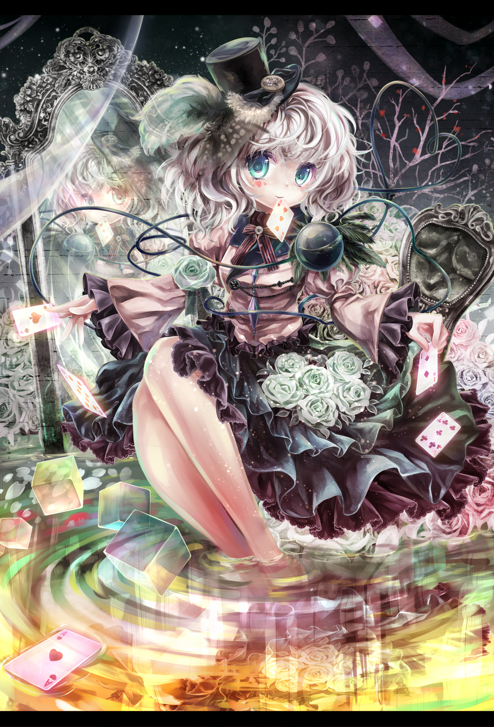 blue_eyes card closed_eyes embellished_costume eyeball flower full_body grey_hair hat heart heart_of_string highres komeiji_koishi letterboxed mirror playing_card reflection revision rose short_hair silver_hair smile solo third_eye torino_akua touhou water