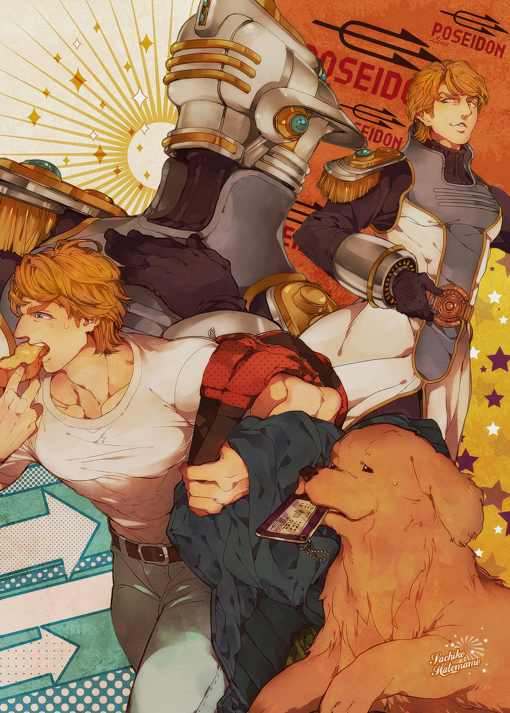 blonde_hair blue_eyes blue_jacket denim dog epaulettes food food_in_mouth helmet highres jacket jeans john_(tiger_&amp;_bunny) keith_goodman mouth_hold multiple_boys multiple_persona pants running sachiko_(omame) sky_high superhero tiger_&amp;_bunny toast toast_in_mouth