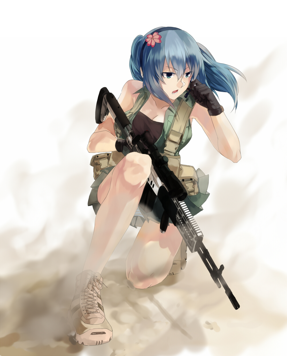assault_rifle bad_id bad_pixiv_id bare_shoulders battle_rifle blue_eyes blue_hair boots breasts cleavage flower gloves gun hair_flower hair_ornament headset highres m14 medium_breasts one_knee open_mouth original panties pantyshot pleated_skirt rff_(3_percent) rifle skirt solo striped striped_panties twintails underwear vest weapon