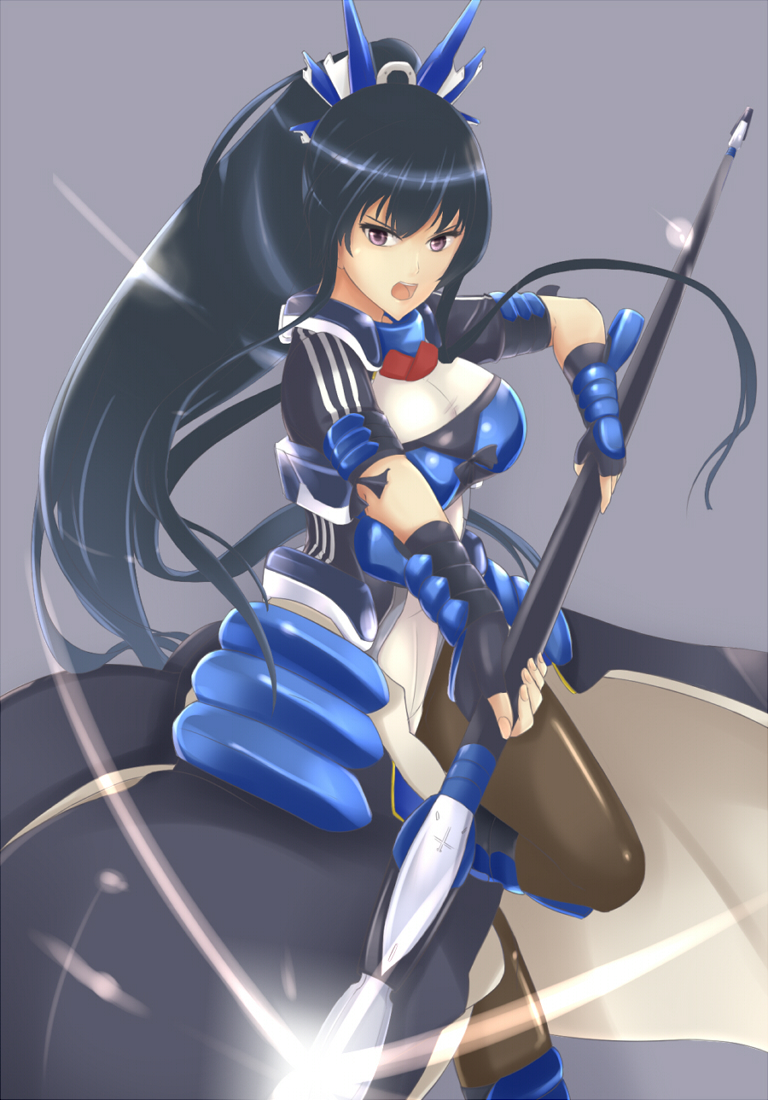 1girl black_hair black_legwear bodysuit female honda_futayo kyoukai_senjou_no_horizon kyoukaisenjou_no_horizon polearm purple_eyes solo spear weapon