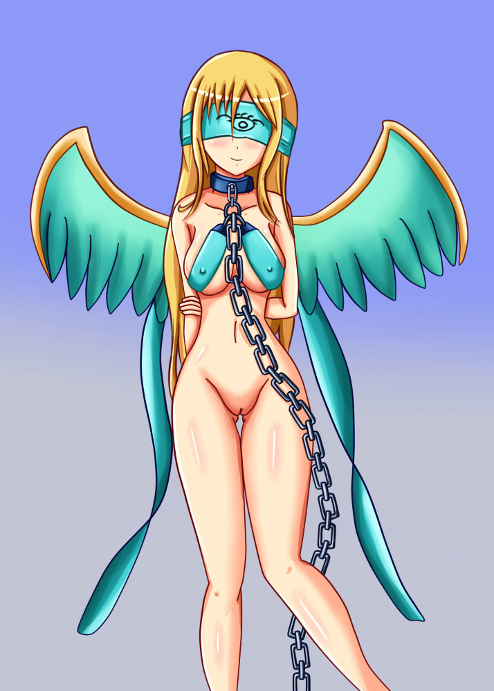 1girl angel angel_(megami_tensei) aveve bdsm blindfold blonde_hair bondage bottomless bound breasts collar erect_nipples leash pussy solo uncensored wings