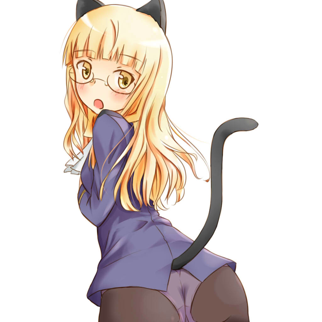 :o animal_ears ass blonde_hair chakkaman from_behind glasses long_hair panties panties_under_pantyhose pantyhose perrine_h_clostermann solo strike_witches tail underwear uniform world_witches_series yellow_eyes