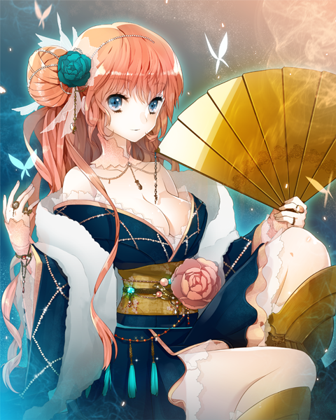 bare_shoulders blue_eyes bracelet breasts bug butterfly cleavage fan flower folding_fan hair_bun hair_flower hair_ornament insect japanese_clothes jewelry kimono leg_up mami_(apsaras) medium_breasts orange_hair original ring sitting solo