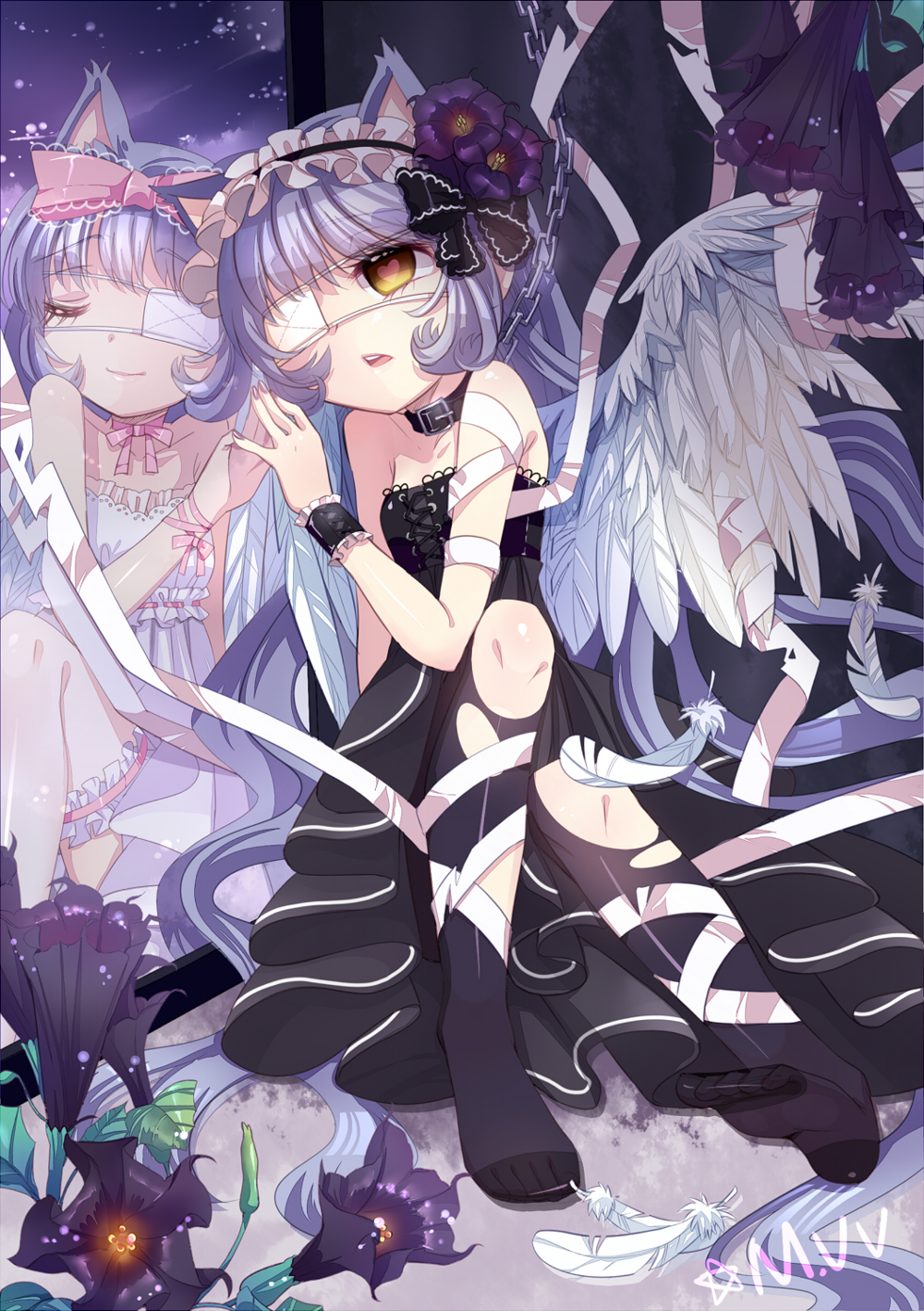 animal_ears dress eyepatch nekomimi tagme thighhighs torn_clothes wings