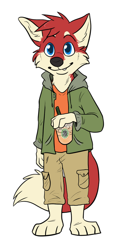 barefoot black_nose blue_eyes canine cargo_shorts clothing coffee fox head_tuft hoodie male mammal riley shirt smile solo starbucks teeth tooth unknown_artist