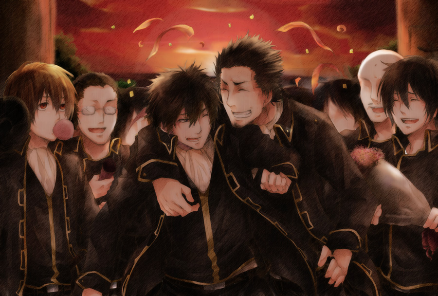 amemear black_eyes black_hair blue_eyes brown_eyes brown_hair bubble_blowing chewing_gum gintama glasses hijikata_toushirou kondou_isao male_focus military military_uniform multiple_boys okita_sougo red_eyes shinsengumi_(gintama) uniform yamazaki_sagaru