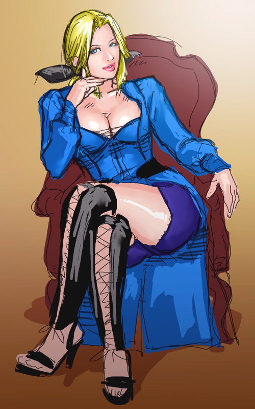 bad_id bad_pixiv_id blonde_hair blue_eyes boots bow breasts chin_rest cleavage cross-laced_footwear crossed_legs dead_or_alive hair_bow helena_douglas high_heels knee_boots lace-up_boots large_breasts lips long_hair nose shoes shorts shorts_under_skirt sitting solo take_(draghignazzo) work_in_progress