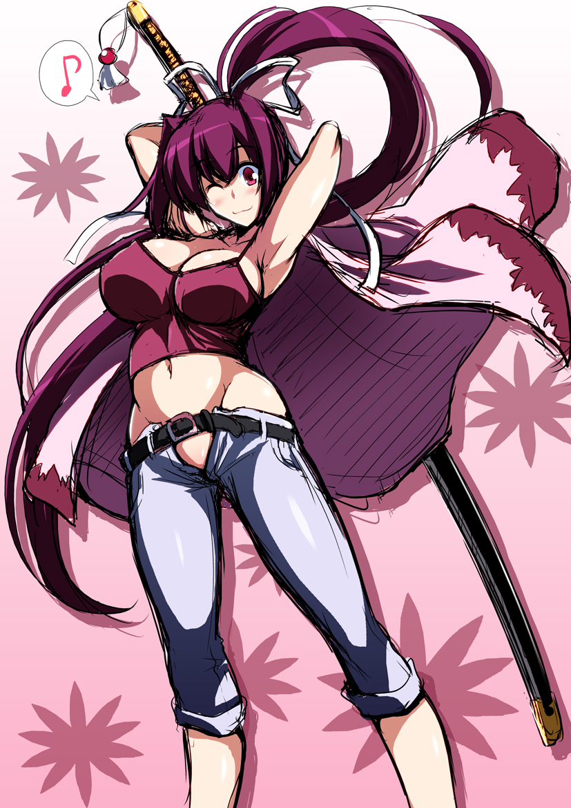 armpits arms_behind_head arms_up blush breasts c.r. camisole cape cleavage denim groin hair_ribbon jeans large_breasts long_hair midriff musical_note navel no_panties one_eye_closed ootachi pants pants_rolled_up ponytail purple_hair red_eyes ribbon sideboob solo sword unbuttoned under_night_in-birth very_long_hair weapon yuzuriha_(under_night_in-birth)