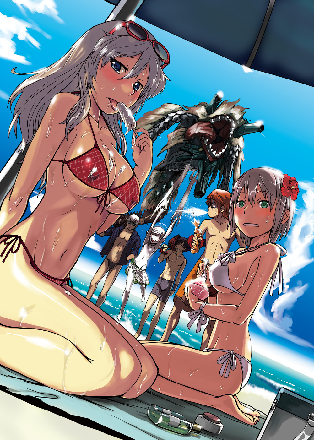 3girls ^_^ alisa_ilinichina_amiella aragami arms_up bikini black_hair blue_eyes blush blush_stickers breasts brown_hair chiot_(god_eater) cleavage closed_eyes covered_nipples eyewear_on_head food fujiki_kouta gboro-gboro god_eater god_eater_burst grey_hair highres large_breasts licking lithiumia long_hair melting messy multiple_boys multiple_girls navel one-piece_swimsuit open_mouth player_(god_eater_burst) popsicle sarong seiza sexually_suggestive shaved_ice short_hair side-tie_bikini sitting smile soma_schicksal spit_take spitting sunglasses sweat swimsuit sword tongue tongue_out translucent_sarong turn_pale umbrella weapon white_sarong white_swimsuit